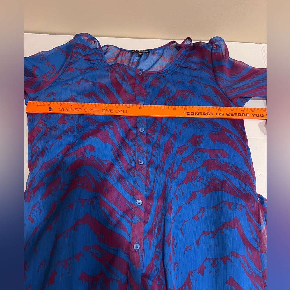 Express Vibrant Sheer 3/4 Sleeve Blue & Purple Zebra Print Shirt Dress Whimsy M - Picture 10 of 11